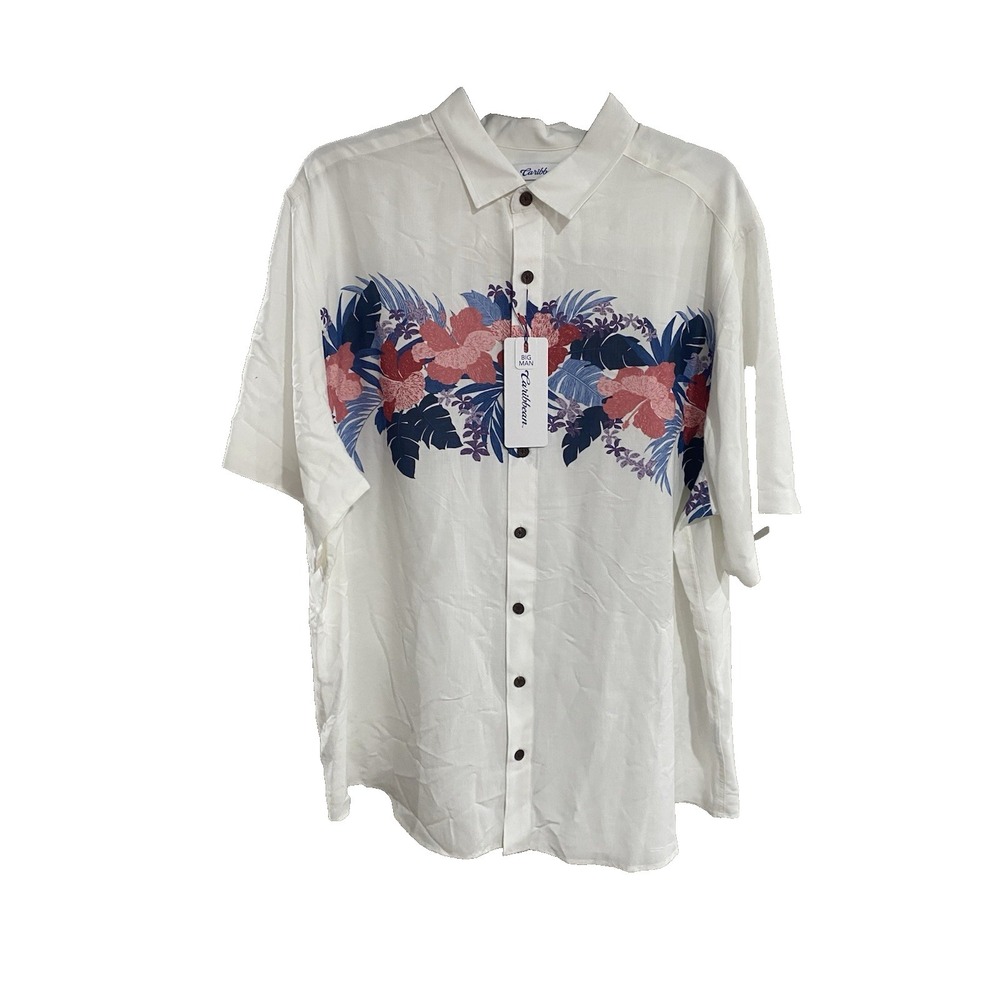 Caribbean Mens hawaiian shirt modal floral white button down 2XB BIG NEW $79